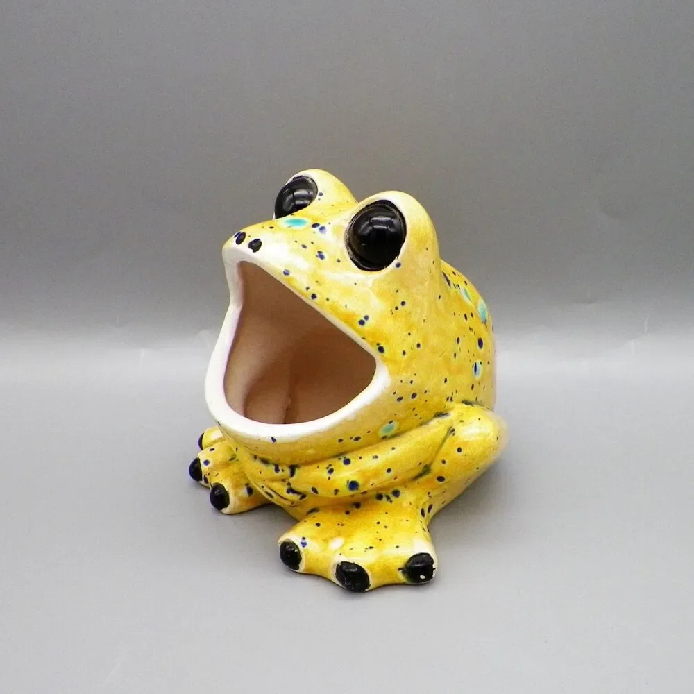 Vintage Wide Mouth Ceramic Frog Speckled Yellow Kitchen Sponge Holder Handmade